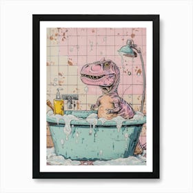 Dinosaur In The Bubble Bath Pastel Pink Abstract Illustration 2 Art Print