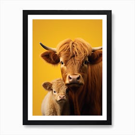 Yellow Photographic Portrait Of Highland Cow And Calf Art Print