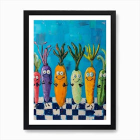 Vegetable Friends Blue Checkered Tile Art Print