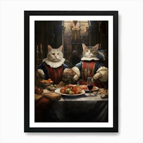 Two Medieval Cats Banqueting Portrait Art Print