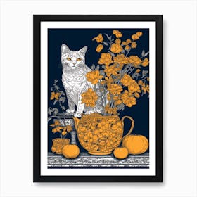 Drawing Of A Still Life Of Marigold With A Cat 4 Art Print