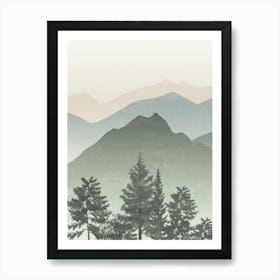 Mountain Landscape in Sage Green and Beige, Pine Trees, Mist, Minimalist Art Print