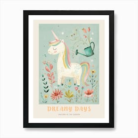 Cute Unicorn In The Garden With A Watering Can Poster Art Print