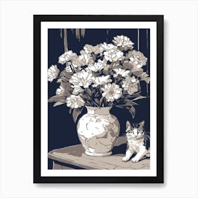 Drawing Of A Still Life Of Daisies With A Cat 3 Art Print