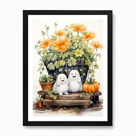 Cute Bedsheet Ghost, Botanical Halloween Watercolour 42 Art Print