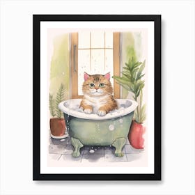 Scottish Fold Cat In Bathtub Botanical Bathroom 3 Art Print