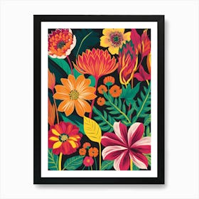 Colorful Flowers On A Black Background Art Print