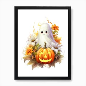 Cute Ghost With Pumpkins Halloween Watercolour 10 Art Print