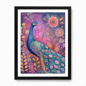 Folky Floral Peacock With The Plants 4 Art Print