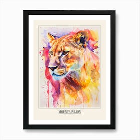 Mountain Lion Colourful Watercolour 4 Poster Art Print
