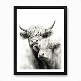Black & White Illustration Of Highland Cow With Young Cow Art Print