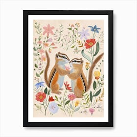 Folksy Floral Animal Drawing Chipmunk 3 Art Print