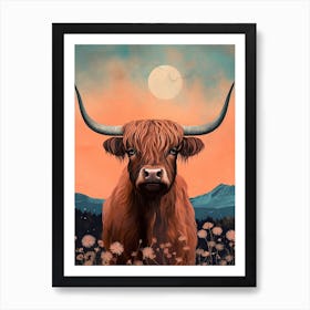 Highland Cow In Moonlight Textured Illustration 1 Art Print