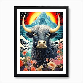 Highland Cow Japan Mountain Art Print