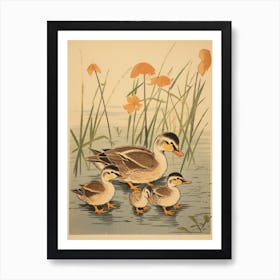 Ducklings Japanese Woodblock Style 1 Art Print