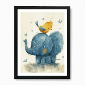 Small Joyful Elephant With A Bird On Its Head 19 Art Print