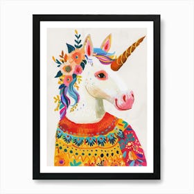 Unicorn In A Knitted Jumper Rainbow Floral Painting 1 Art Print