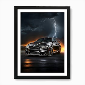 Car In Lightning Storm Art Print