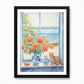 Cat With Azalea Flowers Watercolor Mothers Day Valentines 2 Art Print