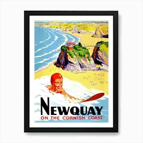 Surfing Woman On Newquay, Britain, Vintage Travel Poster Art Print