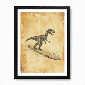 Vintage Compsognathus Dinosaur On A Surf Board 1 Art Print