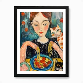 Portrait Of A Woman With Cats Eating Pasta 3 Art Print