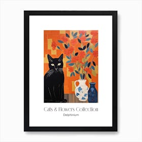 Cats & Flowers Collection Delphinium Flower Vase And A Cat, A Painting In The Style Of Matisse 1 Art Print