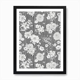 Flowers And Stripes Black White Art Print