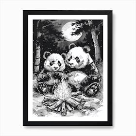 Giant Pandas Sitting Together By A Campfire Ink Illustration 1 Art Print