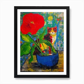 Still Life Of Anthurium With A Cat 2 Art Print