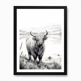 Black & White Illustration Of Highland Cow With The Lake Art Print