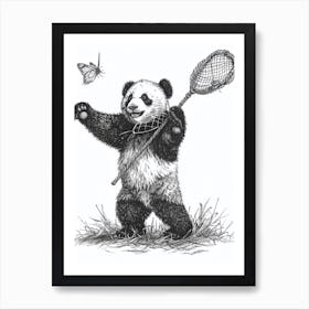 Giant Panda Cub Playing With A Butterfly Net Ink Illustration 3 Art Print