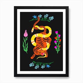 Tiger And Snake Battle Flowers Art Print