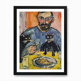 Portrait Of A Man With Cats Eating Pasta 1 Art Print