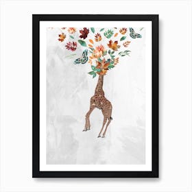 Giraffe With Butterflies and leaves Art Print