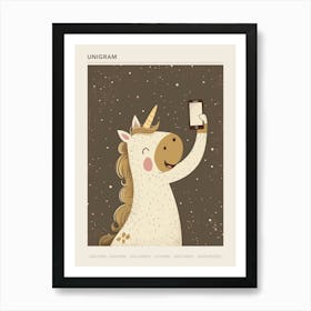 Unicorn With A Smart Phone Muted Pastels Mustard 1 Poster Art Print