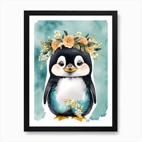Floral Cute Penguin Watercolor  (5) Art Print