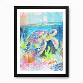 Colourful Sea Turtle Exploring Deep Into The Ocean Crayon Doodle 3 Art Print