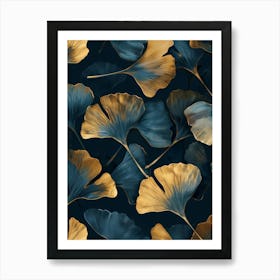 Gold And Blue Ginkgo Leaves Wallpaper Art Print