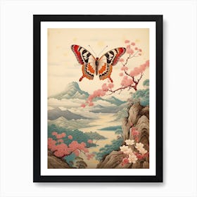Butterfly With Beautiful Mountaneous Landscape Japanese Style Painting Art Print