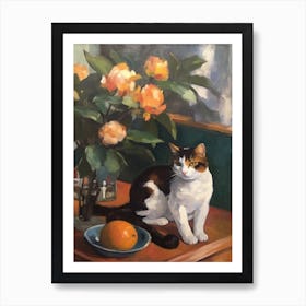 Flower Vase Camellia With A Cat 3 Impressionism, Cezanne Style Art Print