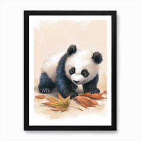 Giant Panda Cub Playing With A Fallen Leaf Storybook Illustration 2 Art Print