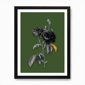 Vintage Purple Roses Black and White Gold Leaf Floral Art on Olive Green n.0045 Art Print