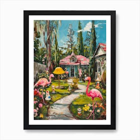 Retro Flamingoes In A Garden 7 Art Print