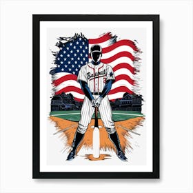 Baseball Player With American Flag Art Print