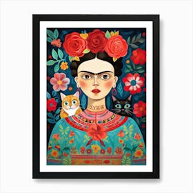 Frida Kahlo Orange Black Cats Mexican Painting Botanical Floral Art Print