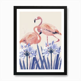 Lesser Flamingo And Agapanthus Minimalist Illustration 1 Art Print