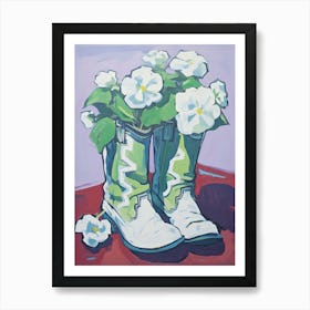 A Painting Of Cowboy Boots With White Flowers, Fauvist Style, Still Life 2 Art Print