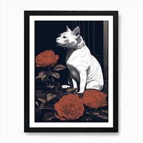 Drawing Of A Still Life Of Rose With A Cat 1 Art Print