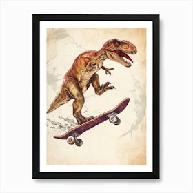 Vintage Protarchaeopteryx Dinosaur On A Skateboard  3 Art Print